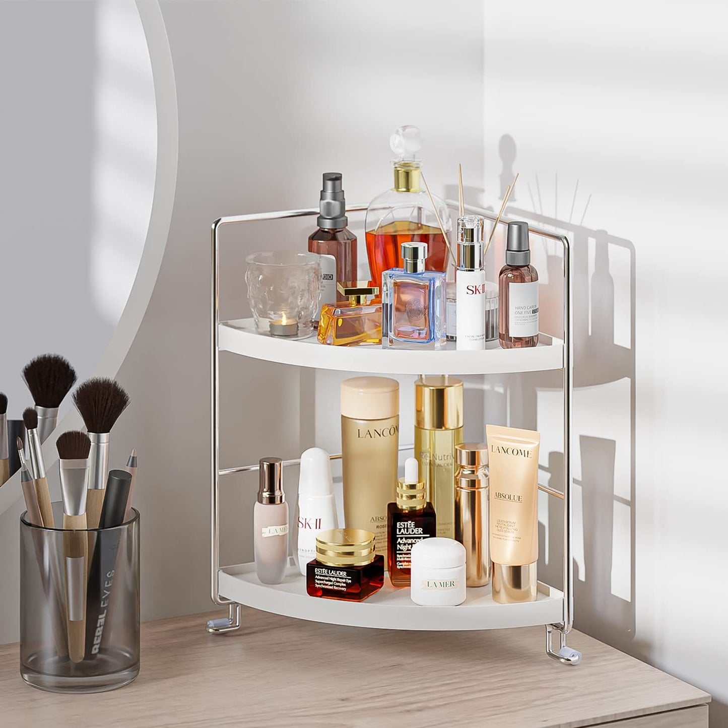 KINGBERWI 2-Tier Corner Storage Shelf, Bathroom Organizer Countertop, Cosmetics