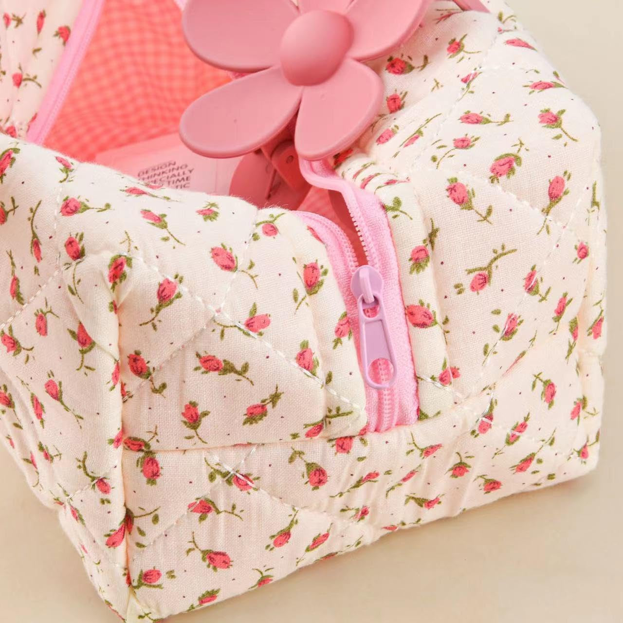 Floral Makeup Bag,Floral Quilted Makeup Pouch,Large Cosmetic Bag,Fashionable Travel Makeup Pouch, Cute Pink Makeup Bag,Puffy Coquette Make up Bag, Attractive Quilted Make up Bag