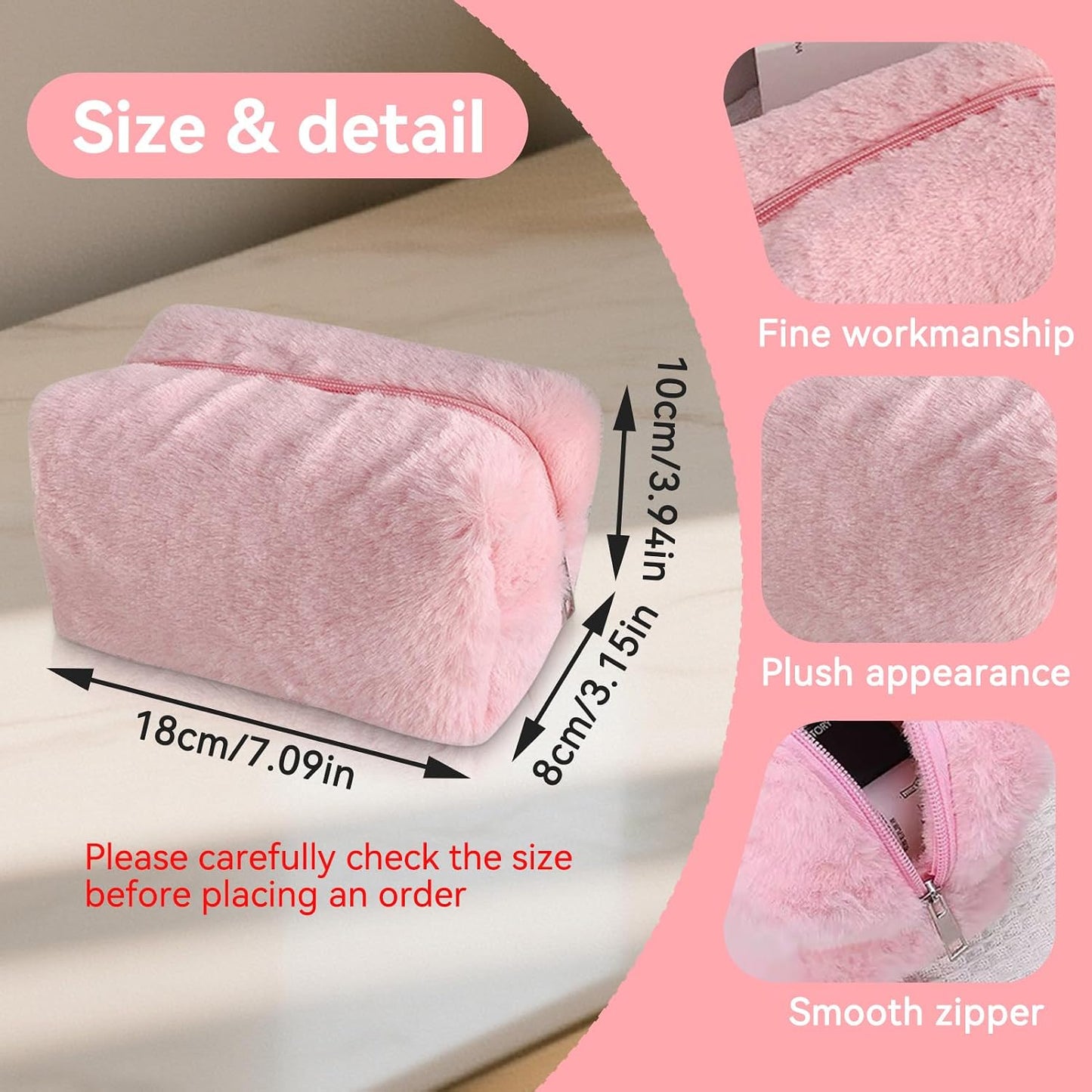 Fluffy Cosmetic Bag Plush Makeup Bag Cute Makeup Tool Storage Bag Makeup Pouch Portable Cosmetics Case for Girls Women(Pink)