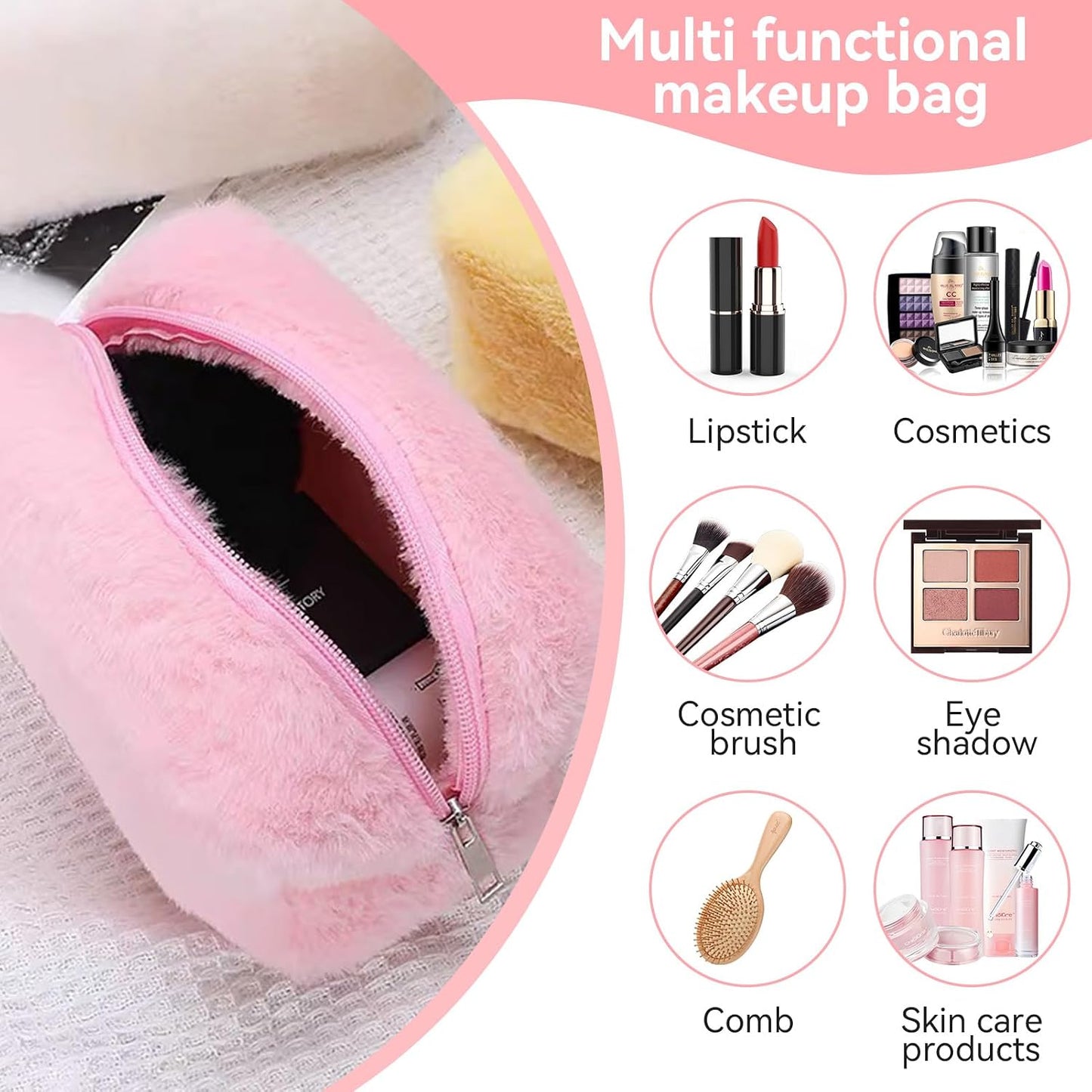 Fluffy Cosmetic Bag Plush Makeup Bag Cute Makeup Tool Storage Bag Makeup Pouch Portable Cosmetics Case for Girls Women(Pink)