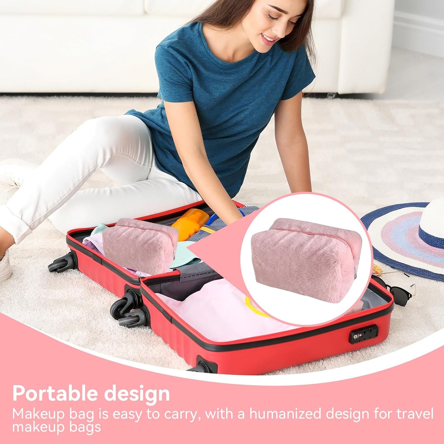 Fluffy Cosmetic Bag Plush Makeup Bag Cute Makeup Tool Storage Bag Makeup Pouch Portable Cosmetics Case for Girls Women(Pink)