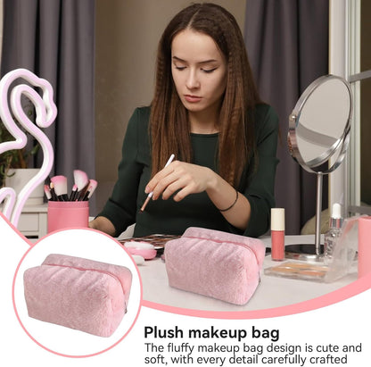 Fluffy Cosmetic Bag Plush Makeup Bag Cute Makeup Tool Storage Bag Makeup Pouch Portable Cosmetics Case for Girls Women(Pink)