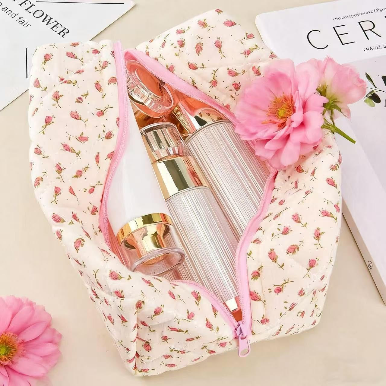 Floral Makeup Bag,Floral Quilted Makeup Pouch,Large Cosmetic Bag,Fashionable Travel Makeup Pouch, Cute Pink Makeup Bag,Puffy Coquette Make up Bag, Attractive Quilted Make up Bag