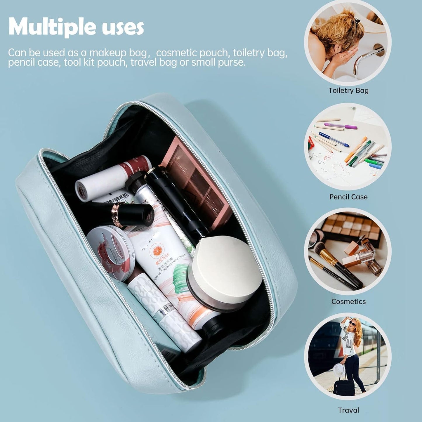Cosmetic Bags for Women - Water Resistant Make up Pouch Travel Zipper Toiletry Bag Makeup Organizer (Blue)
