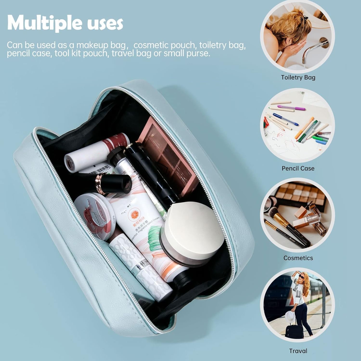 Cosmetic Bags for Women - Water Resistant Make up Pouch Travel Zipper Toiletry Bag Makeup Organizer (Blue)