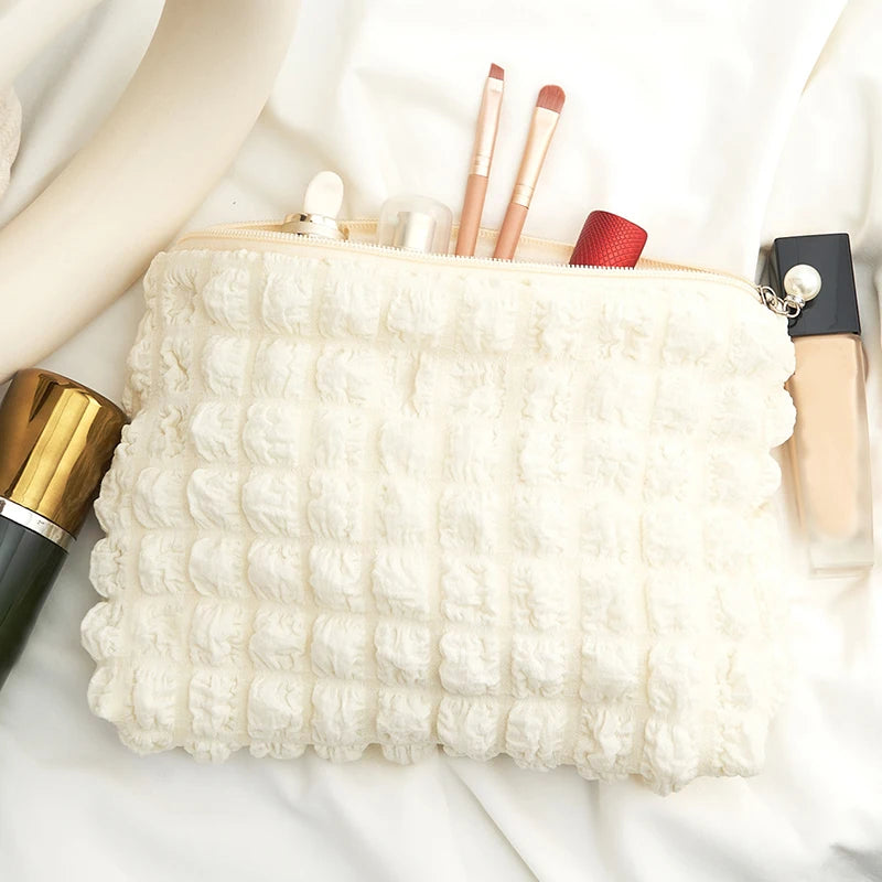 Travel Organizer Portable Zipper Soft Makeup Pouch for Lady Girls Popular Boho Reusable Bubble Cloth Capacity Cosmetic Bag