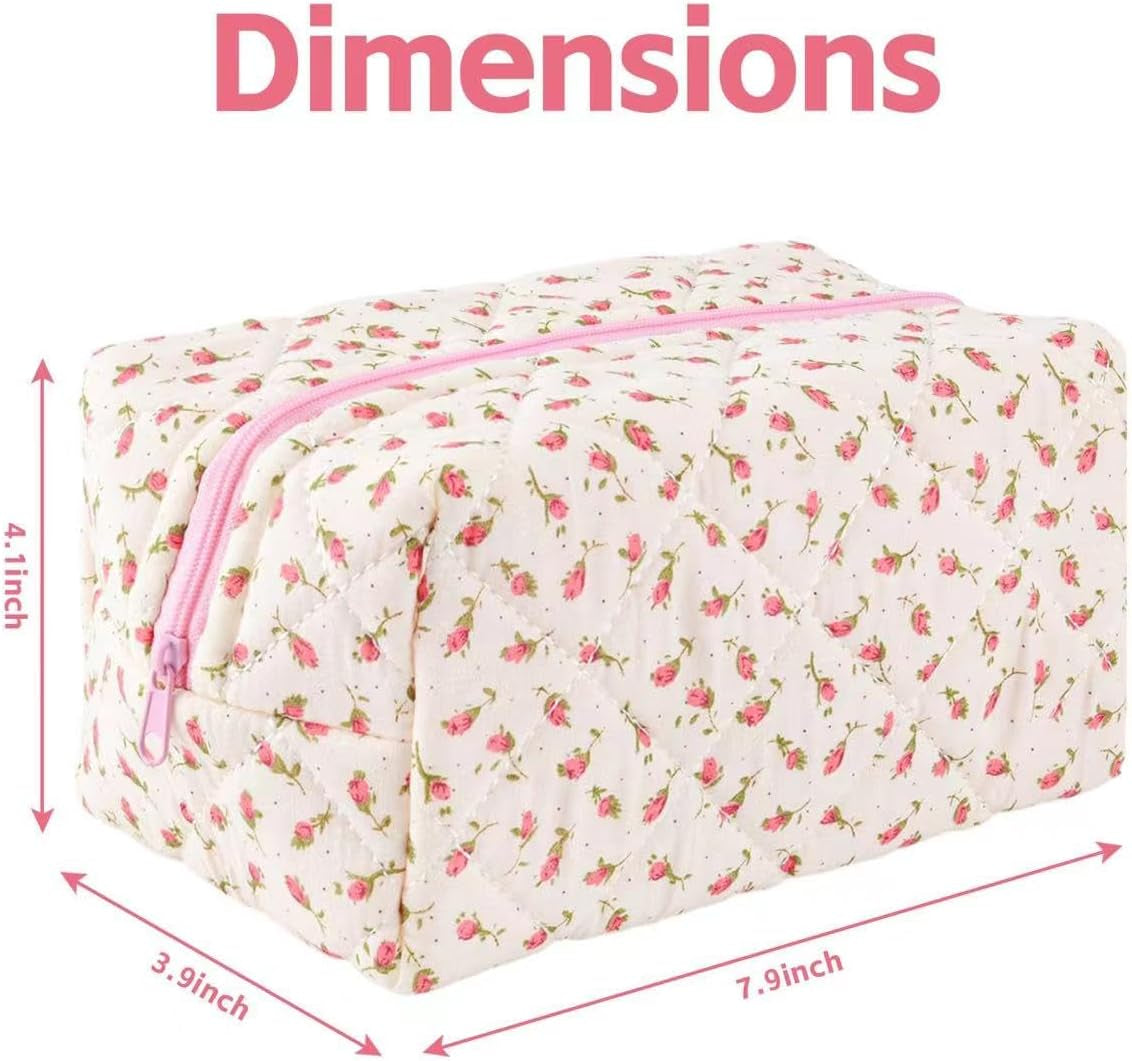 Floral Makeup Bag,Floral Quilted Makeup Pouch,Large Cosmetic Bag,Fashionable Travel Makeup Pouch, Cute Pink Makeup Bag,Puffy Coquette Make up Bag, Attractive Quilted Make up Bag