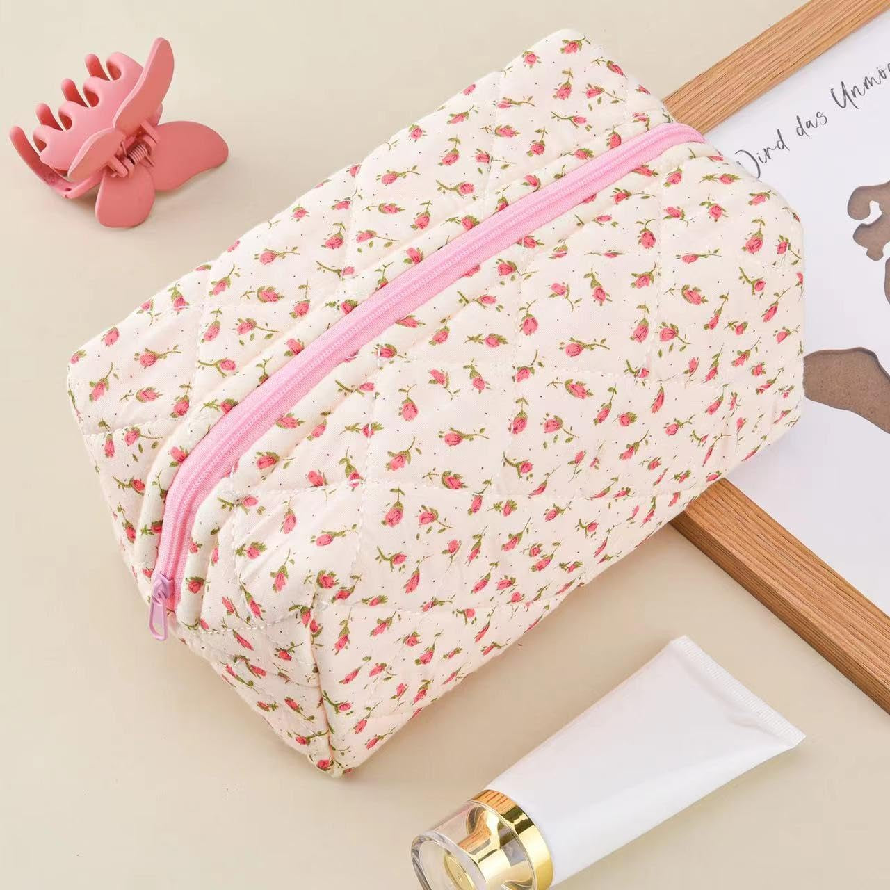 Floral Makeup Bag,Floral Quilted Makeup Pouch,Large Cosmetic Bag,Fashionable Travel Makeup Pouch, Cute Pink Makeup Bag,Puffy Coquette Make up Bag, Attractive Quilted Make up Bag