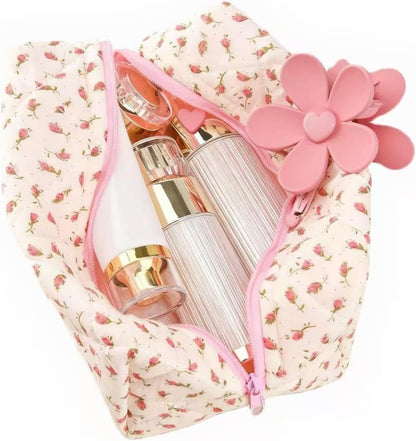Floral Makeup Bag,Floral Quilted Makeup Pouch,Large Cosmetic Bag,Fashionable Travel Makeup Pouch, Cute Pink Makeup Bag,Puffy Coquette Make up Bag, Attractive Quilted Make up Bag