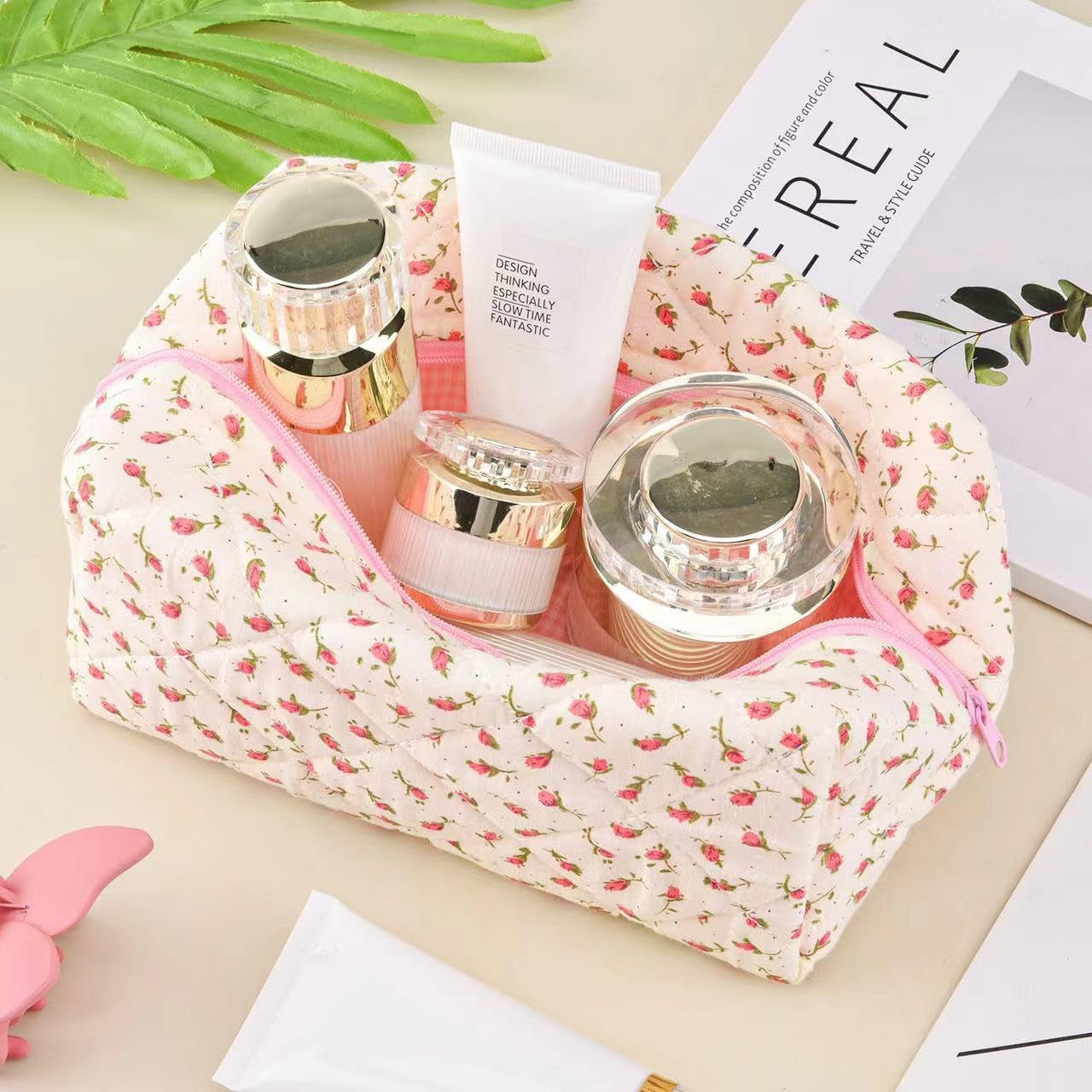 Floral Makeup Bag,Floral Quilted Makeup Pouch,Large Cosmetic Bag,Fashionable Travel Makeup Pouch, Cute Pink Makeup Bag,Puffy Coquette Make up Bag, Attractive Quilted Make up Bag