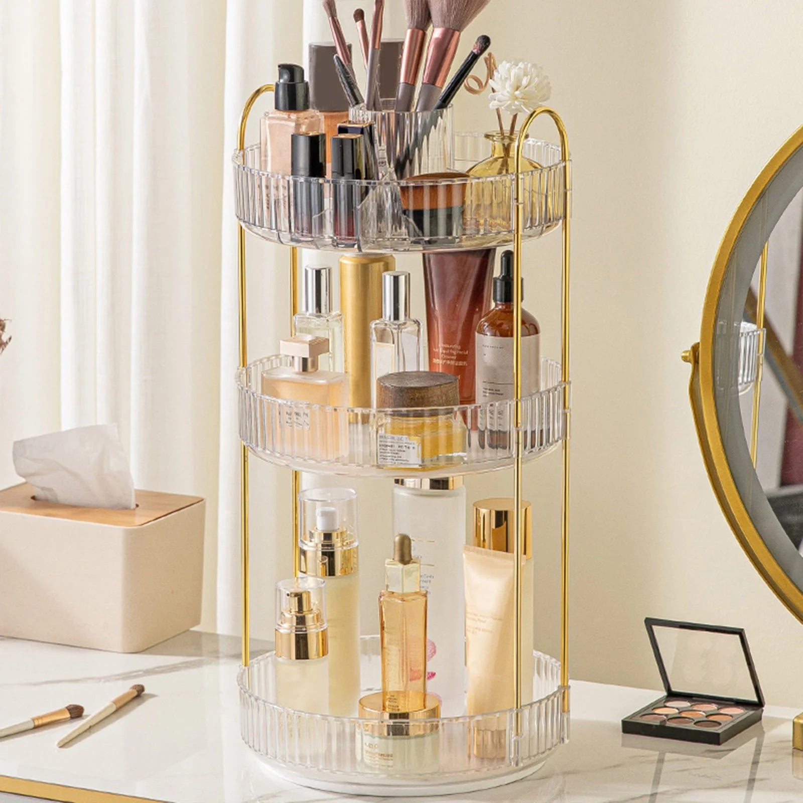 Bdday 360° Rotating Makeup Organizer, Bathroom Make up Spinning Holder Rack, Large Capacity Cosmetics Storage Vanity Shelf Countertop, Fits Cosmetics, Perfume, Skincare, Lipsticks 3 Tiers